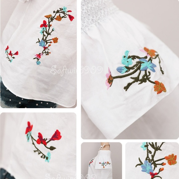 White Floral Embroidered Off Shoulder Cotton Top - Picture 6 of 8